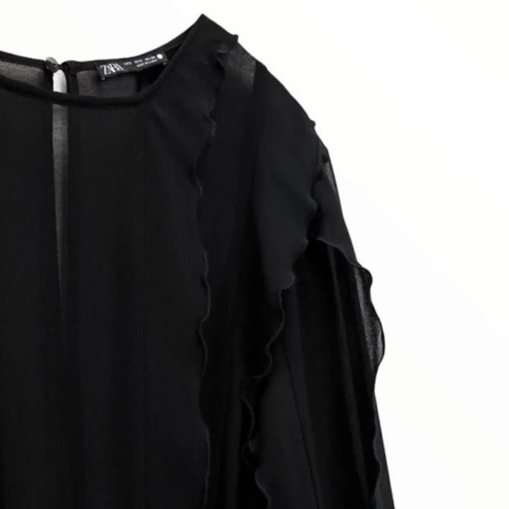 NWOT ZARA Chiffon Ruffled Black Mini Dress Long Sleeve Round Neck Size XS - Picture 2 of 4